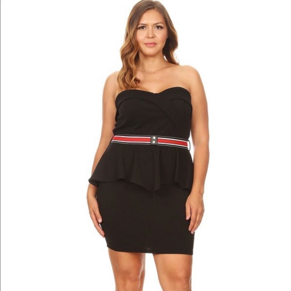 Strapless Black  Belted Peplum Dress - Picture 2 of 4